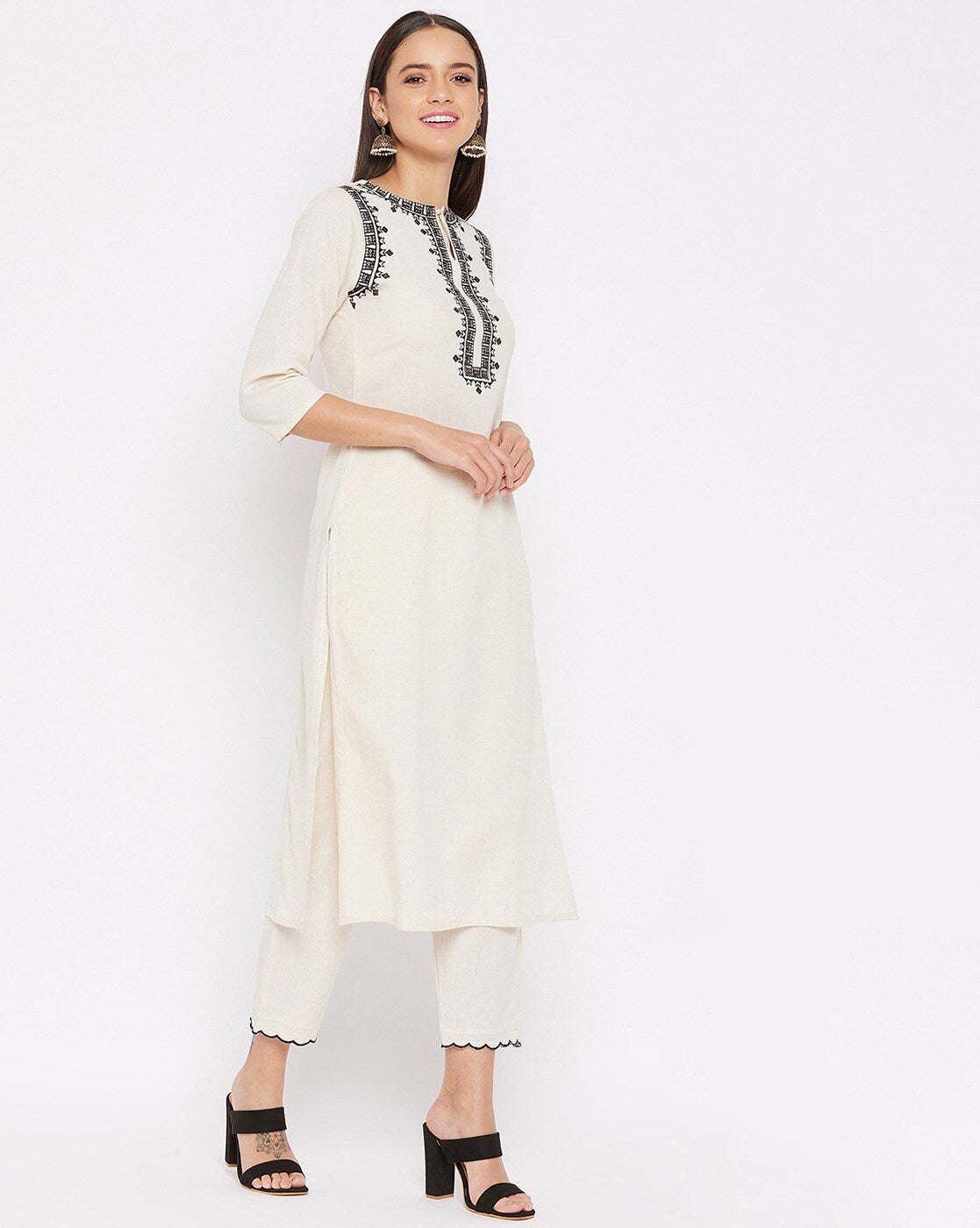 White Embroidered Cotton Flex Kurta and Pant Set