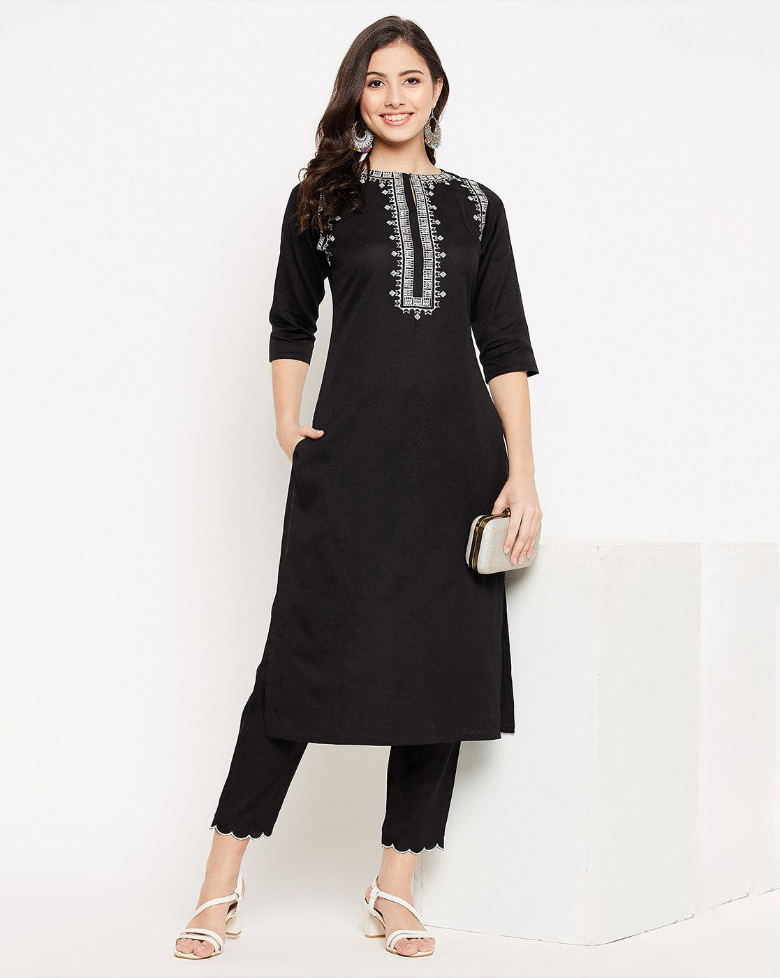 Black Embroidered Cotton Flex Kurta and Pant Set
