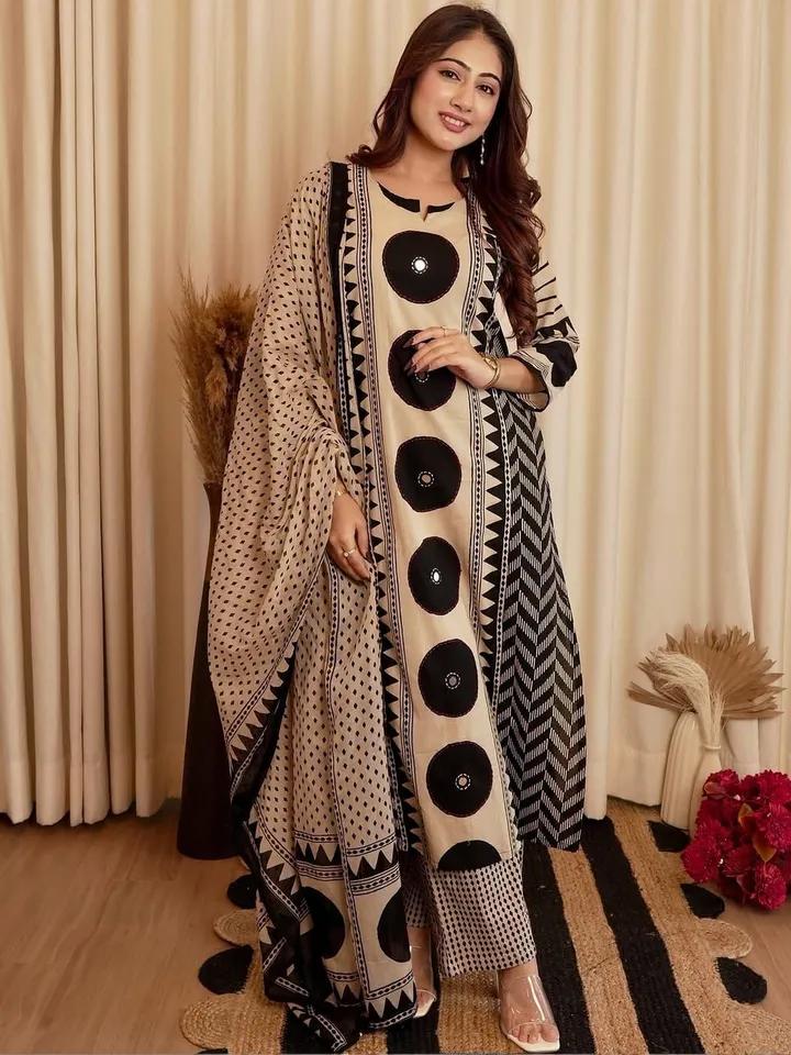 Beige Black Printed Cotton Kurta and Pant Set with Dupatta