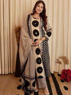 Beige Black Printed Cotton Kurta and Pant Set with Dupatta