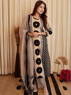 Beige Black Printed Cotton Kurta and Pant Set with Dupatta