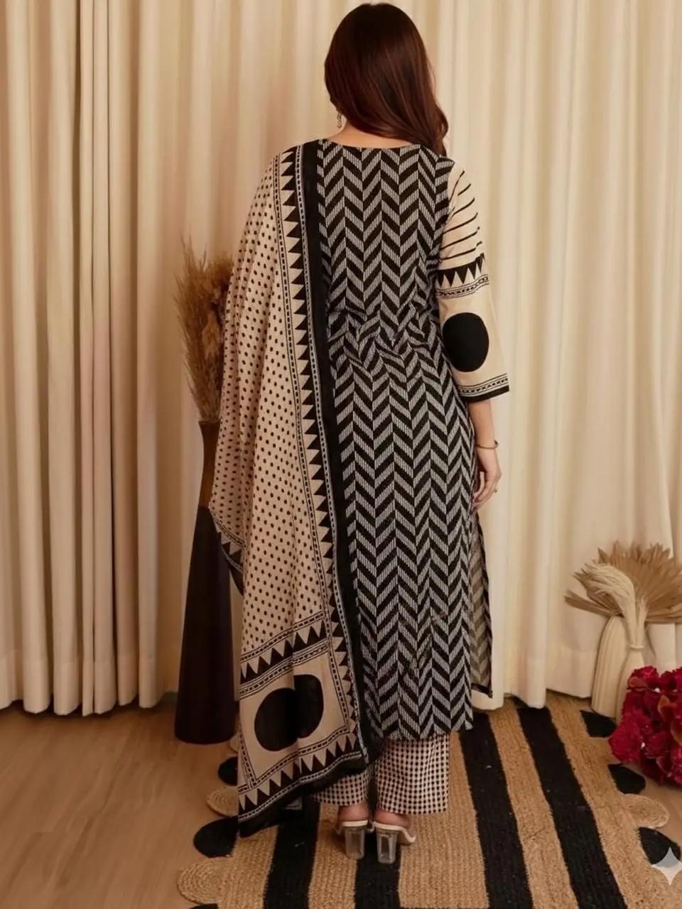 Beige Black Printed Cotton Kurta and Pant Set with Dupatta