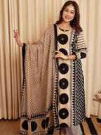 Beige Black Printed Cotton Kurta and Pant Set with Dupatta