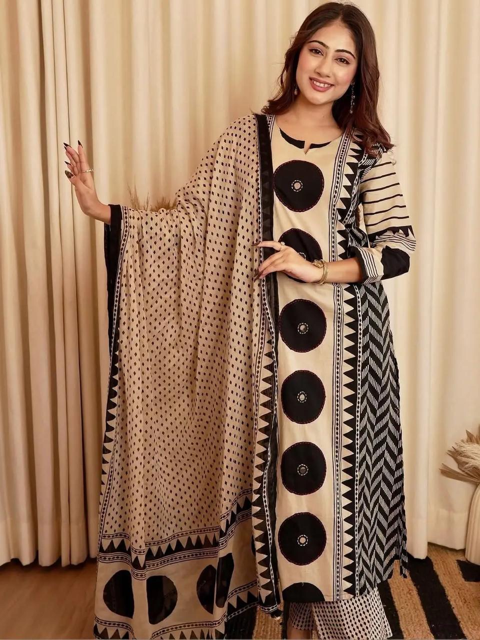 Beige Black Printed Cotton Kurta and Pant Set with Dupatta