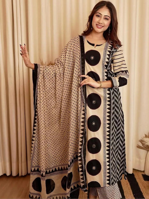 Beige Black Printed Cotton Kurta and Pant Set with Dupatta