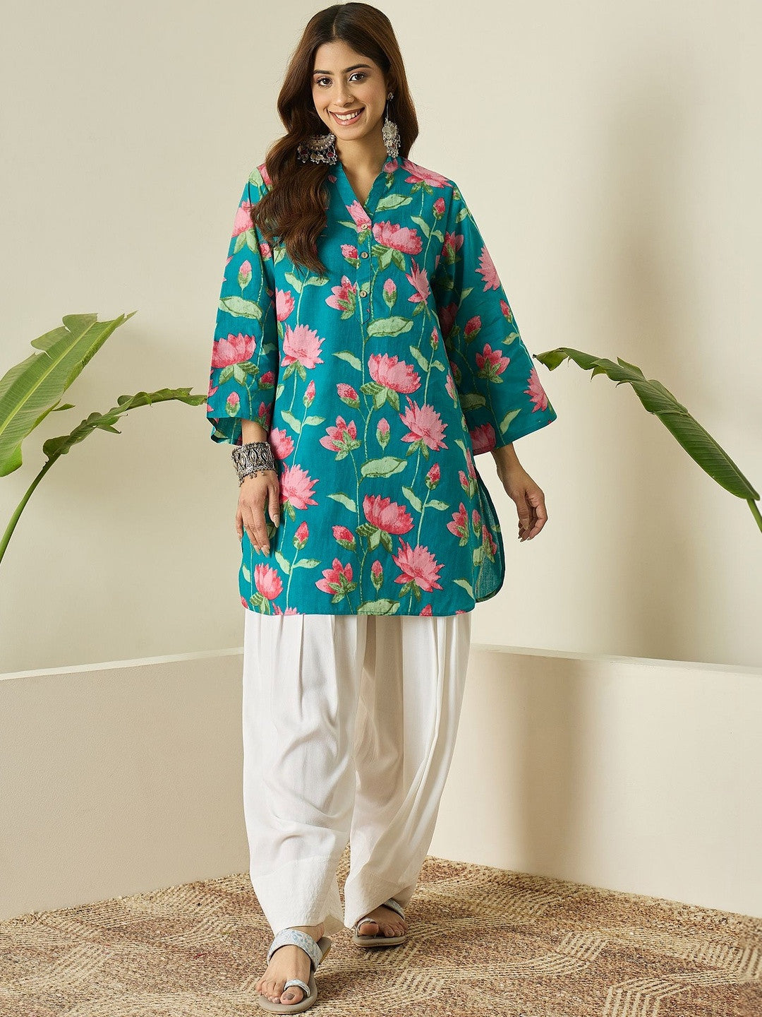 Teal Blue Printed Cotton Farshi Salwar Set