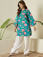 Teal Blue Printed Cotton Farshi Salwar Set