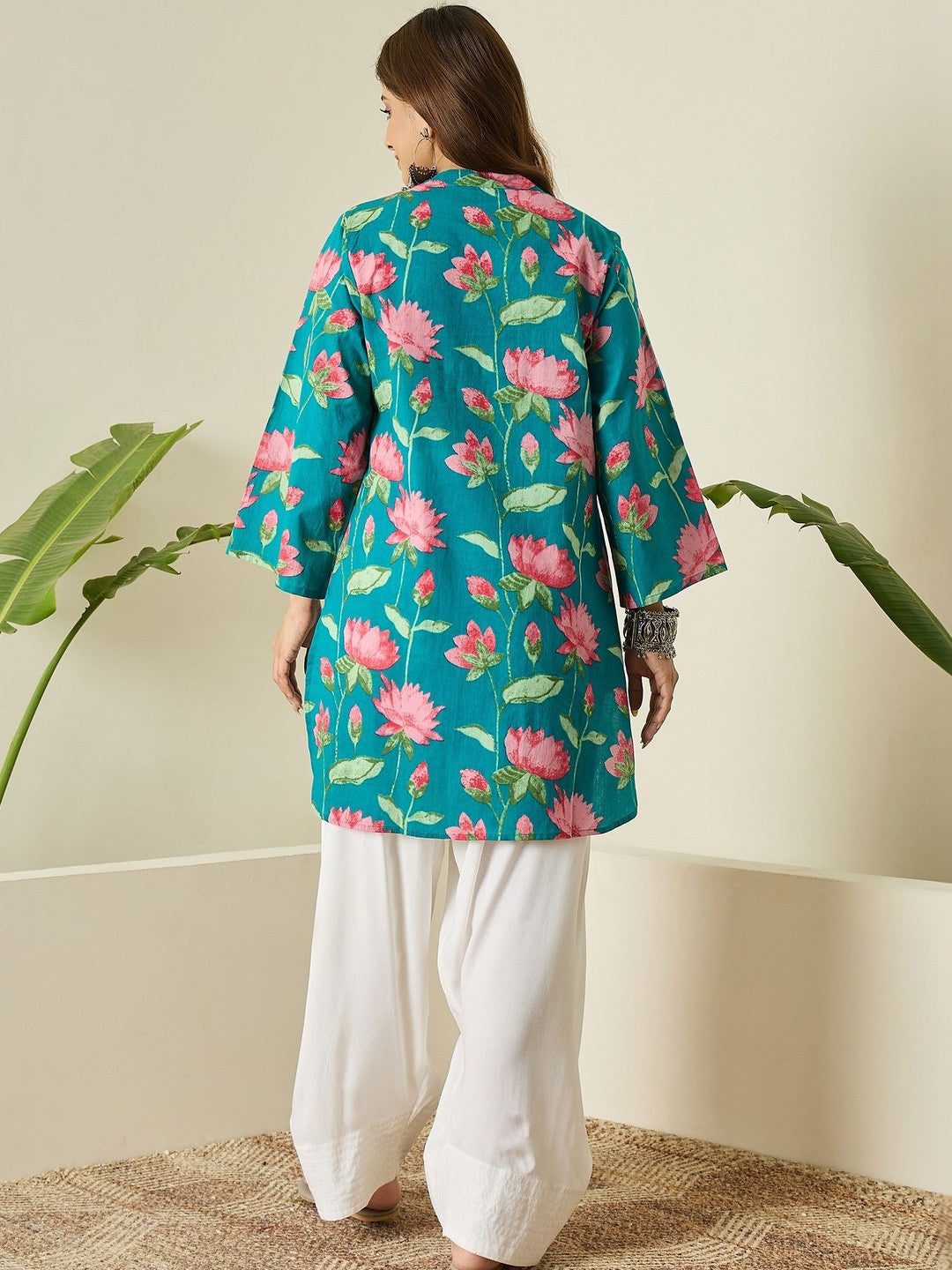 Teal Blue Printed Cotton Farshi Salwar Set