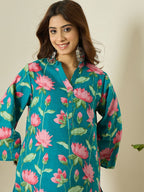 Teal Blue Printed Cotton Farshi Salwar Set