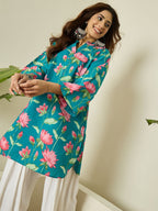 Teal Blue Printed Cotton Farshi Salwar Set