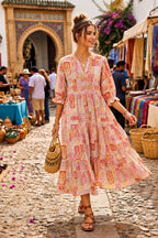 Beige Red Ethnic Motif Printed Cotton Gown