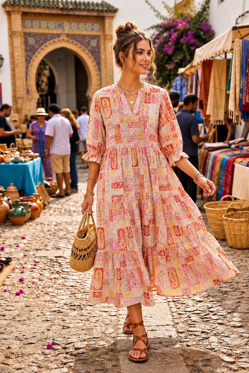 Beige Red Ethnic Motif Printed Cotton Gown