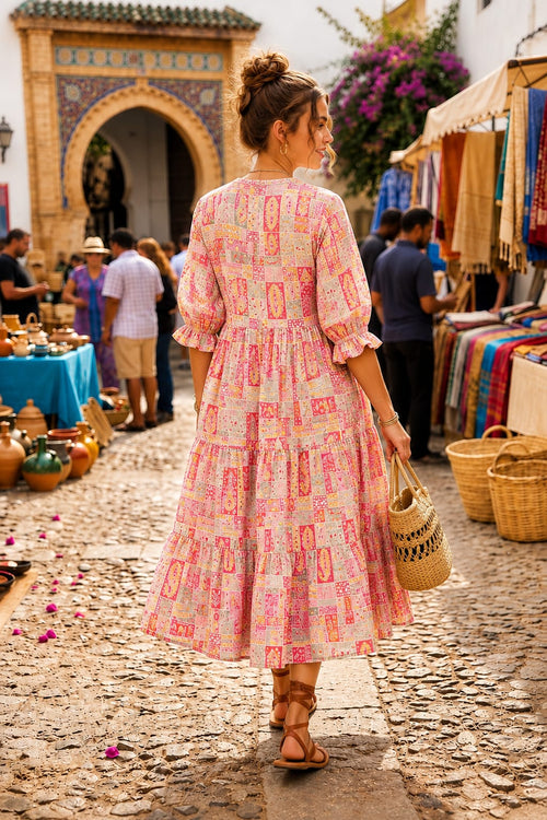 Beige Red Ethnic Motif Printed Cotton Gown