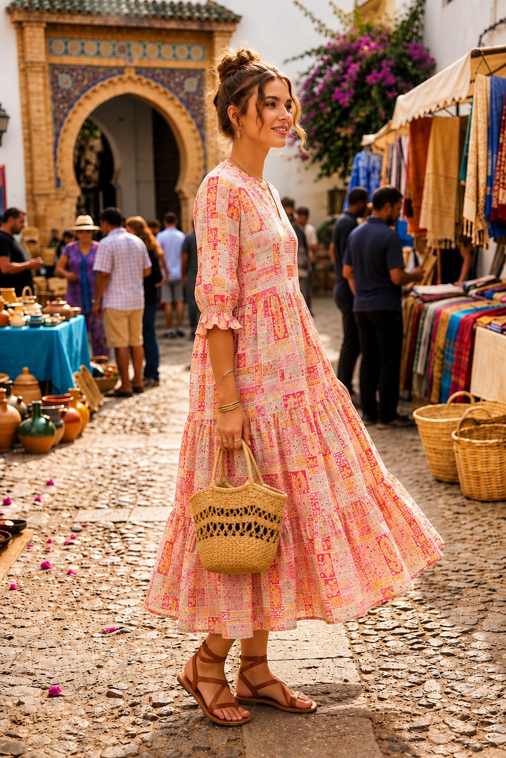 Beige Red Ethnic Motif Printed Cotton Gown