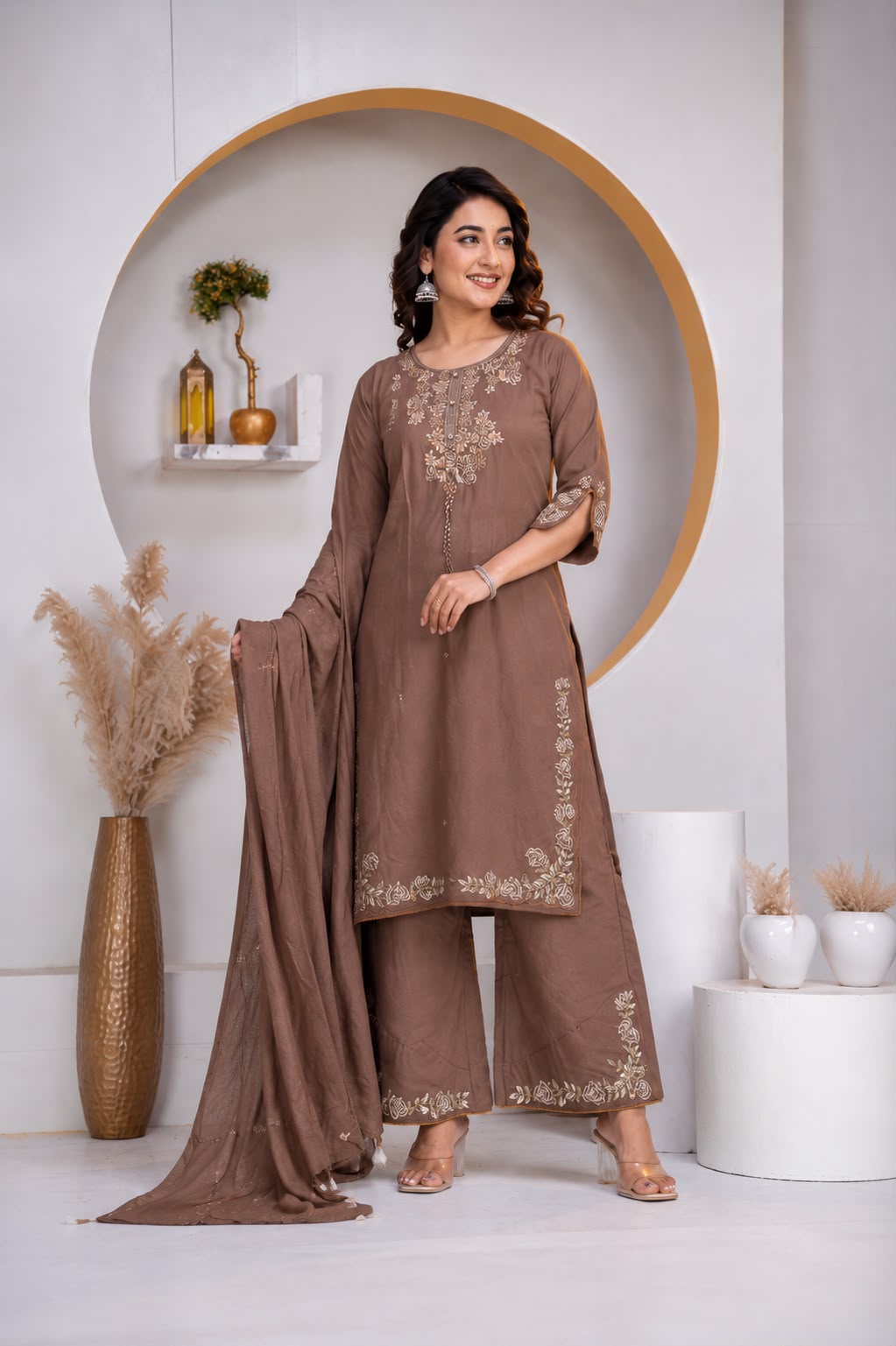 Greyish Brown Embroidered Cotton Kurta and Pant Set with Dupatta