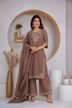 Greyish Brown Embroidered Cotton Kurta and Pant Set with Dupatta