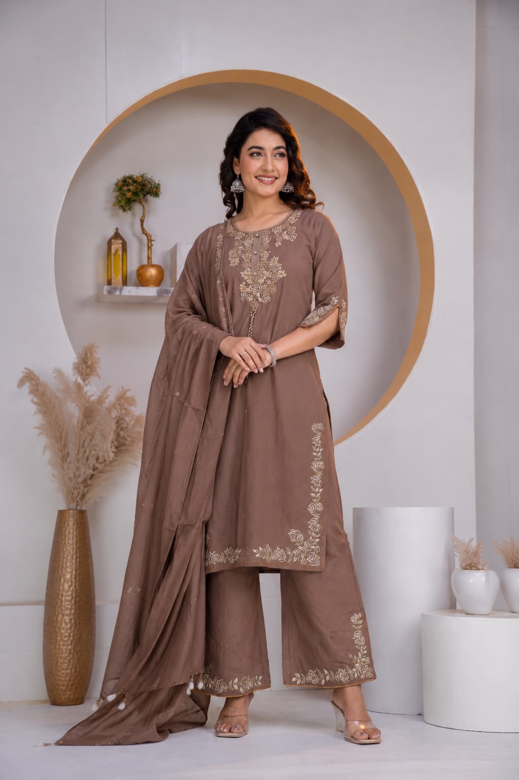 Greyish Brown Embroidered Cotton Kurta and Pant Set with Dupatta