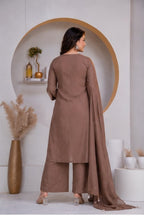 Greyish Brown Embroidered Cotton Kurta and Pant Set with Dupatta