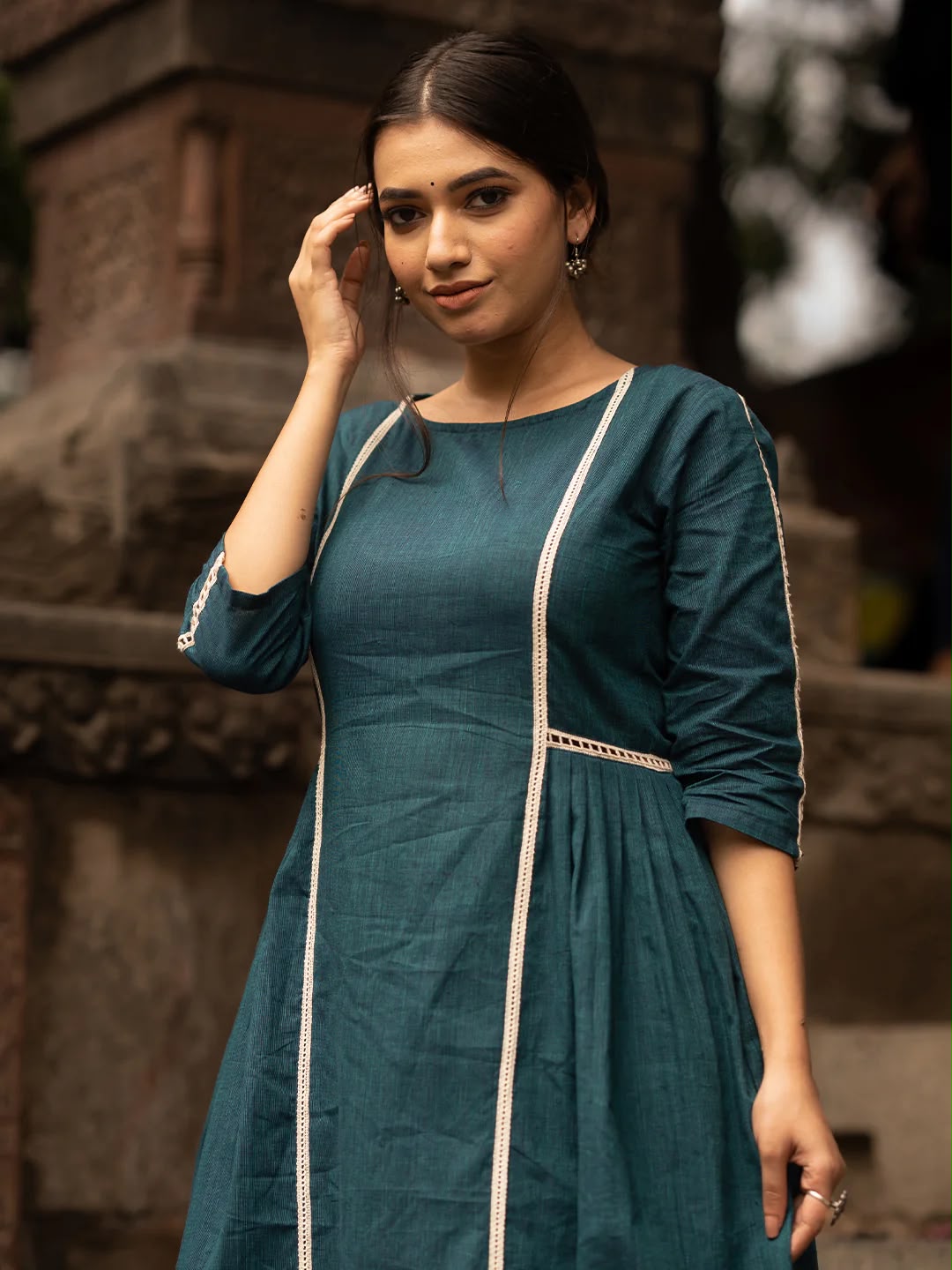Teal Blue Lace Work Cotton Flex Kurta and Pant Set