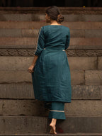 Teal Blue Lace Work Cotton Flex Kurta and Pant Set