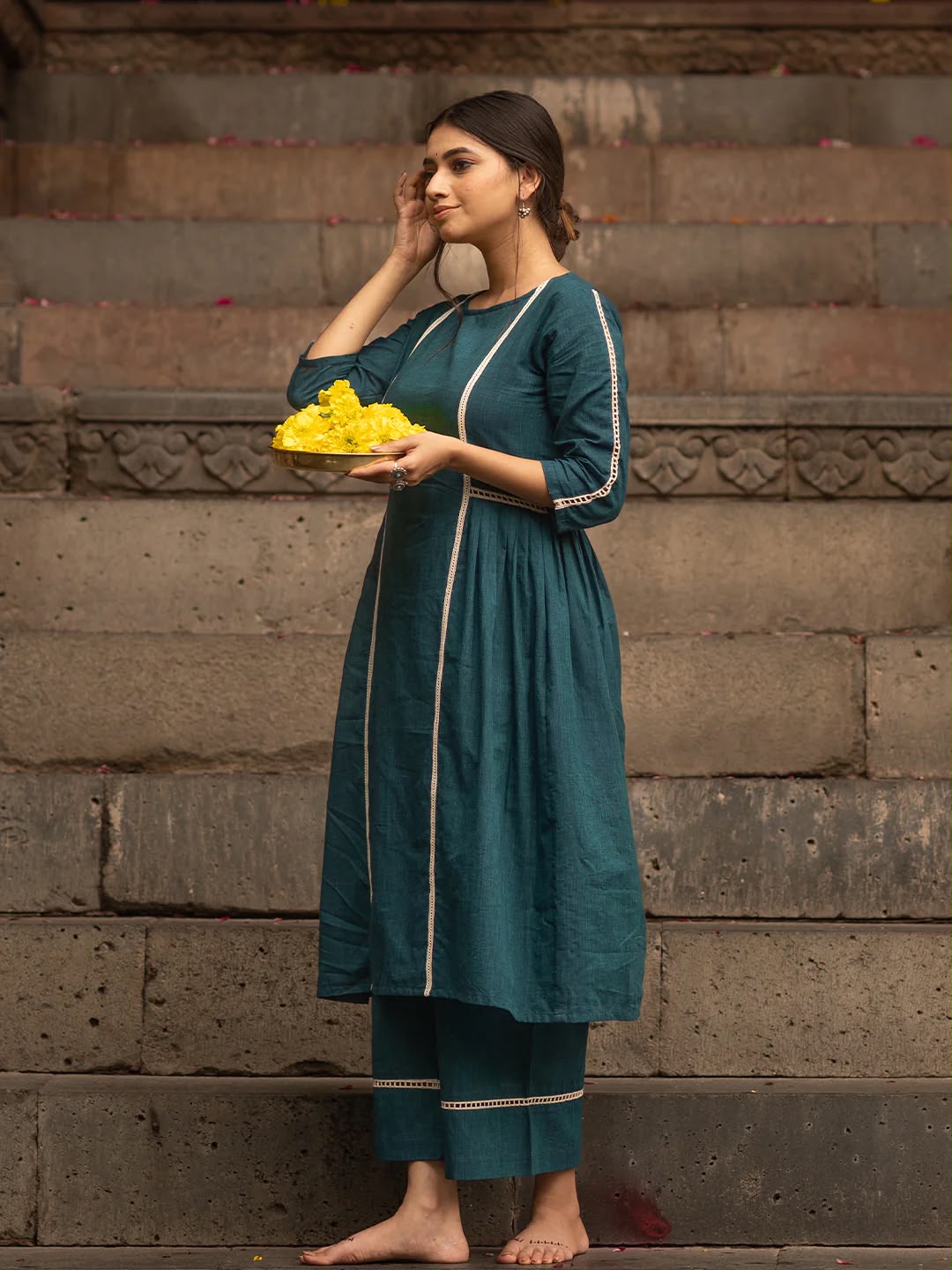 Teal Blue Lace Work Cotton Flex Kurta and Pant Set