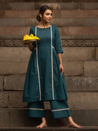Teal Blue Lace Work Cotton Flex Kurta and Pant Set