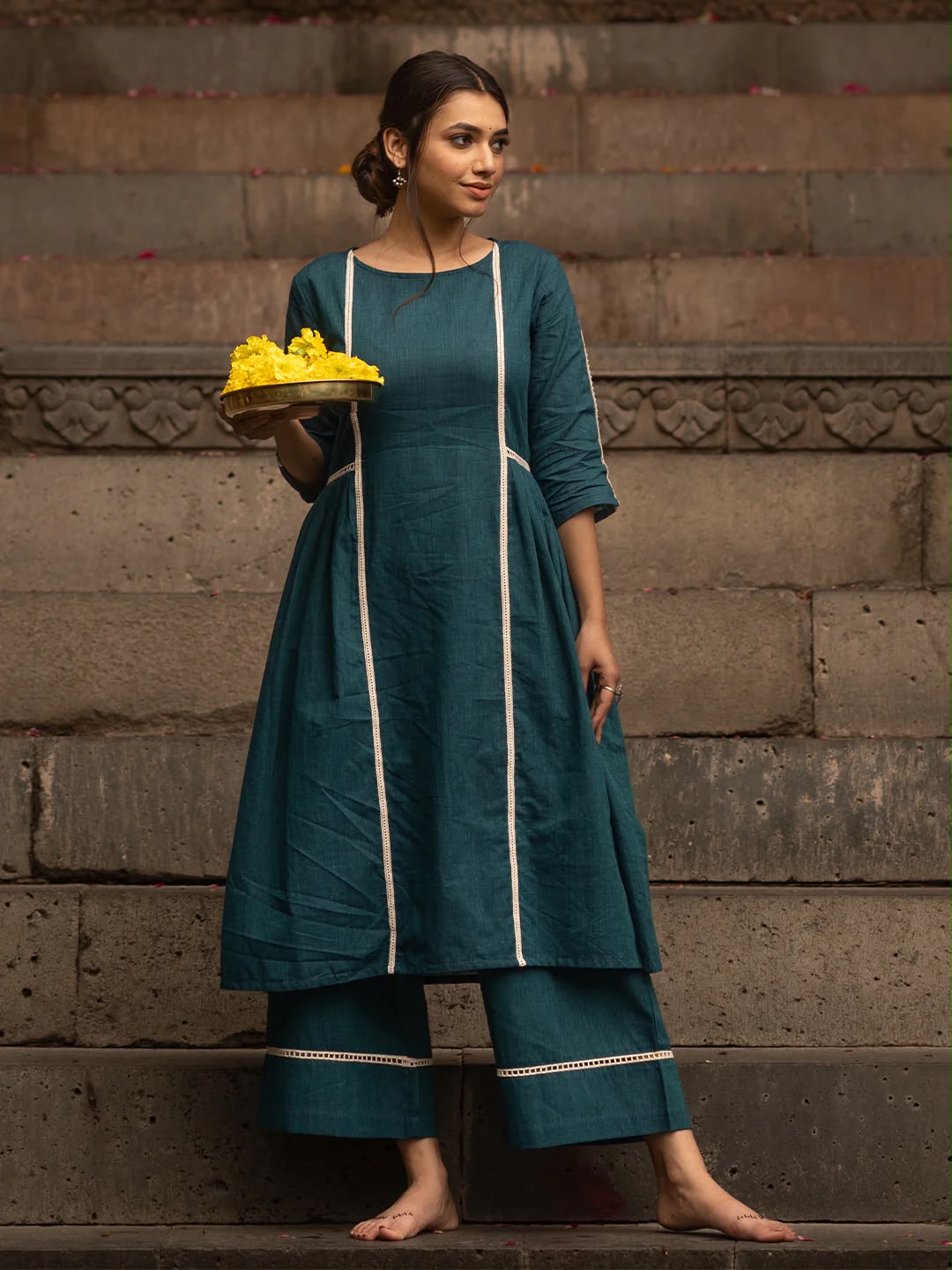 Teal Blue Lace Work Cotton Flex Kurta and Pant Set