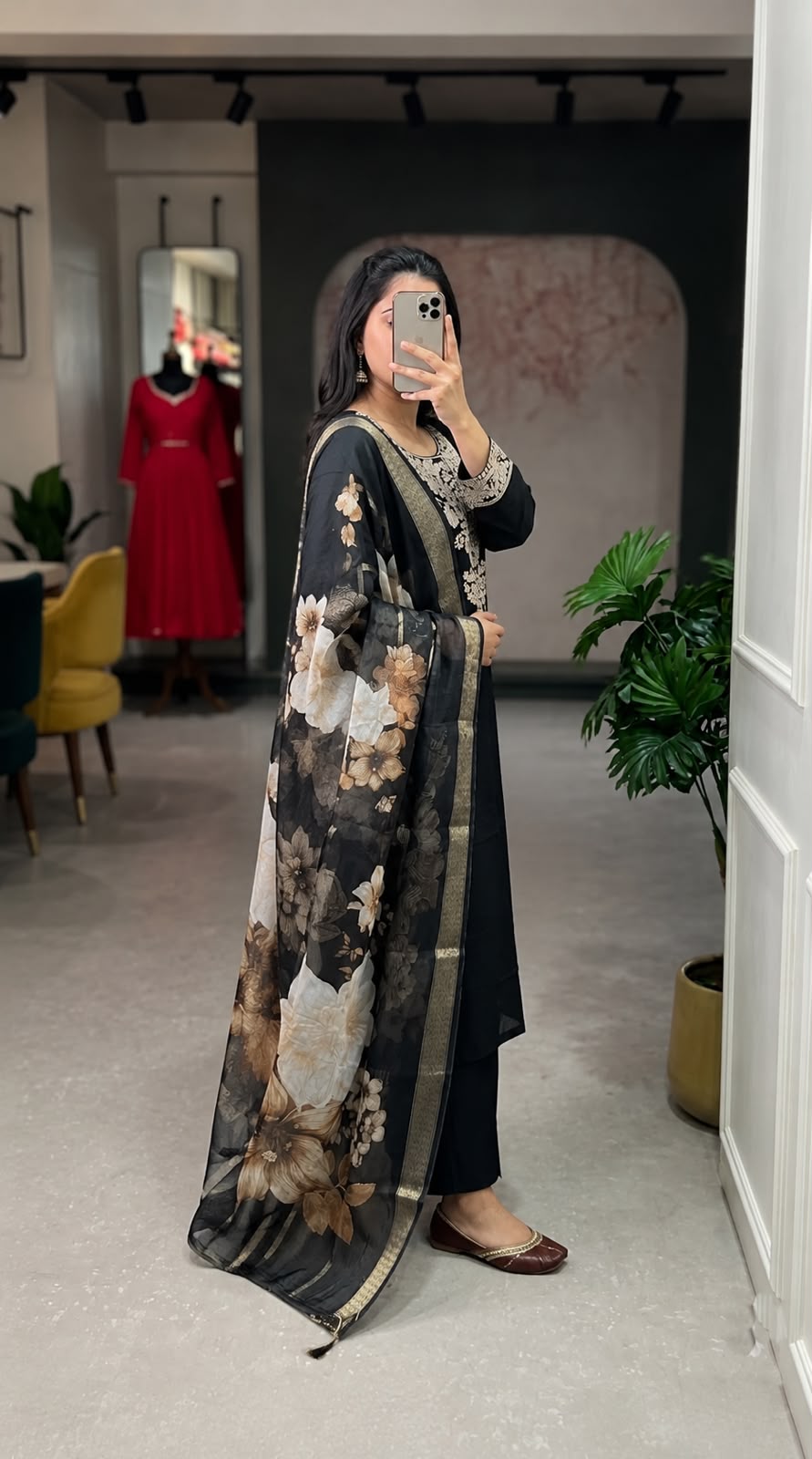 Black Embroidered Roman Silk Suit Set with Dupatta
