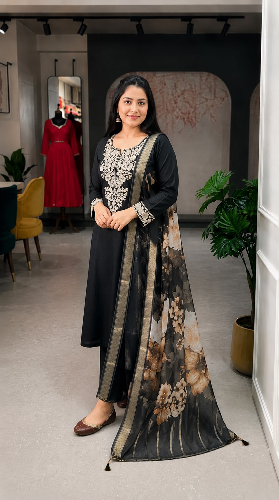 Black Embroidered Roman Silk Suit Set with Dupatta