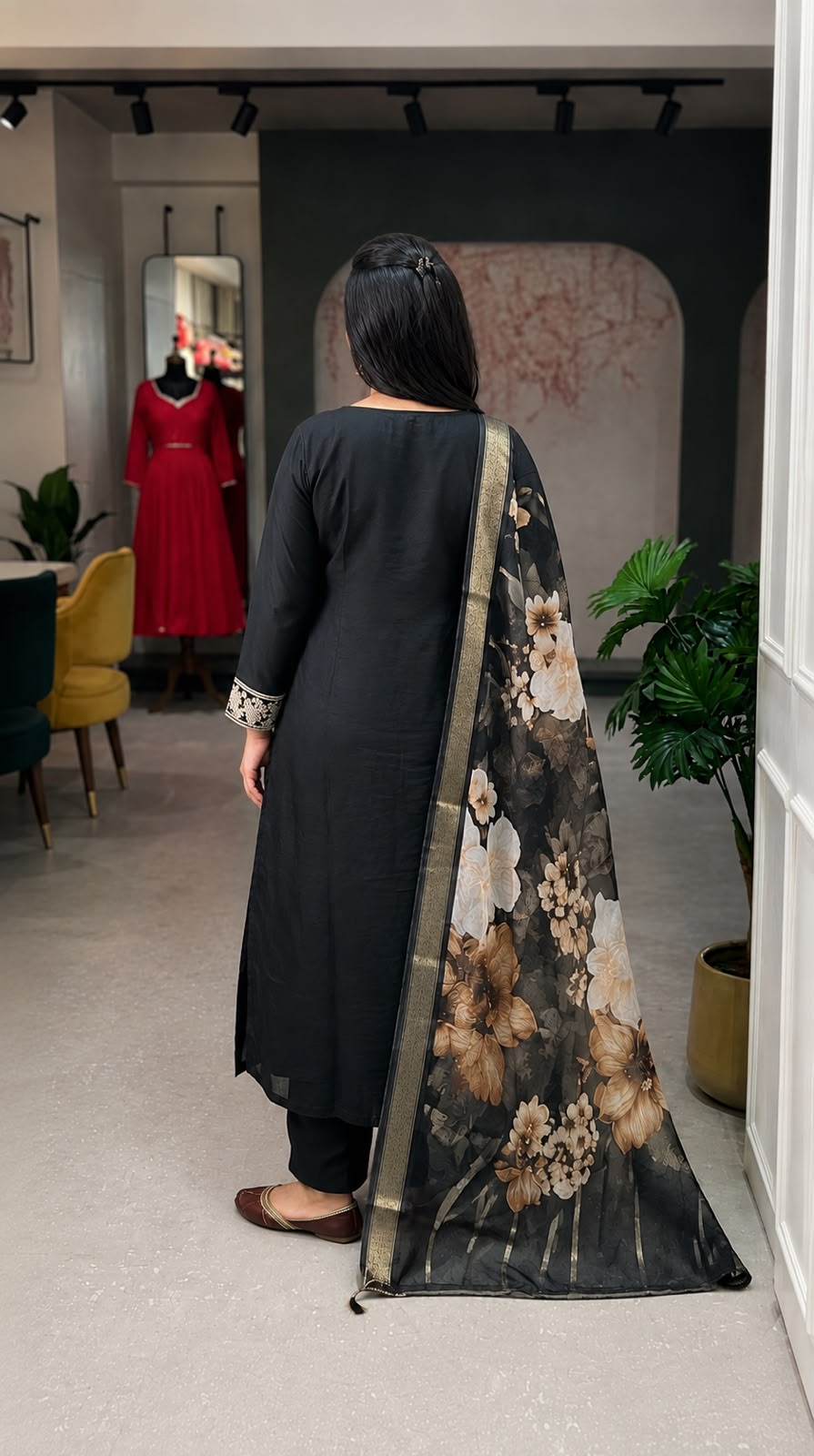 Black Embroidered Roman Silk Suit Set with Dupatta