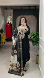 Black Embroidered Roman Silk Suit Set with Dupatta