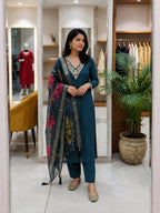 Teal Blue Embroidered Roman Silk Suit Set with Dupatta