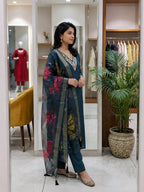 Teal Blue Embroidered Roman Silk Suit Set with Dupatta