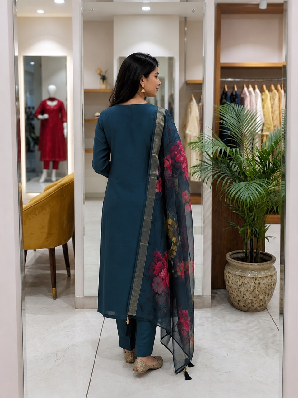 Teal Blue Embroidered Roman Silk Suit Set with Dupatta