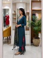 Teal Blue Embroidered Roman Silk Suit Set with Dupatta
