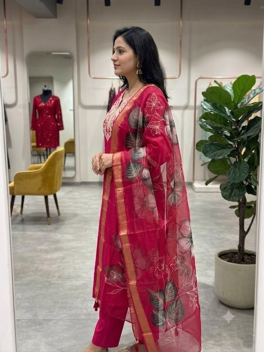 Red Embroidered Roman Silk Suit Set with Dupatta