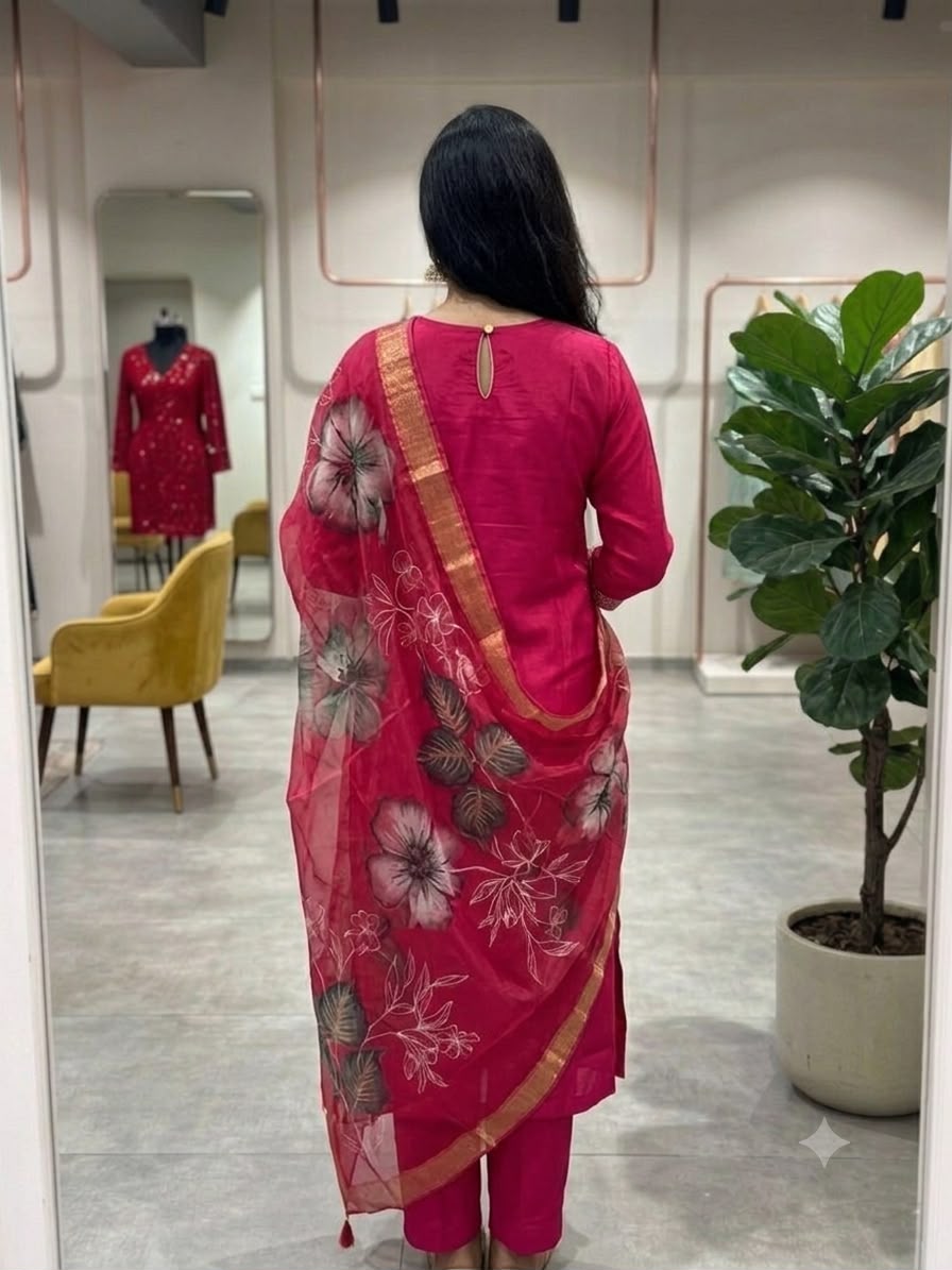 Red Embroidered Roman Silk Suit Set with Dupatta