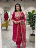 Red Embroidered Roman Silk Suit Set with Dupatta