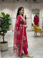 Red Embroidered Roman Silk Suit Set with Dupatta
