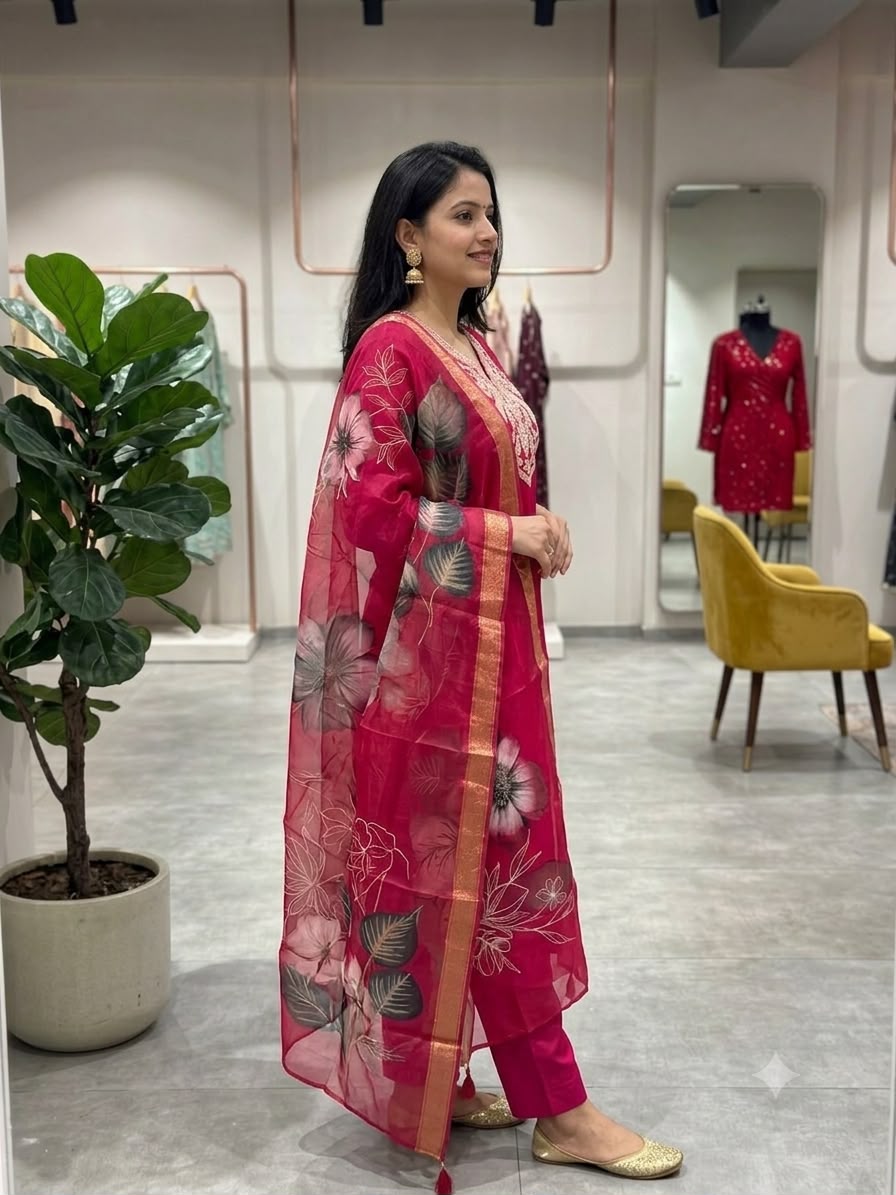 Red Embroidered Roman Silk Suit Set with Dupatta