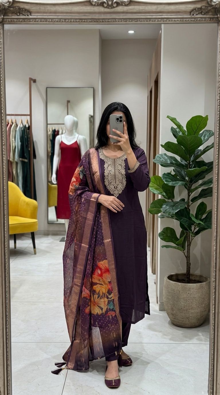 Purple Embroidered Roman Silk Suit Set with Dupatta