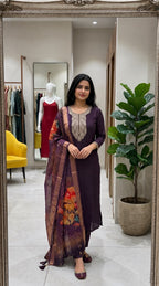 Purple Embroidered Roman Silk Suit Set with Dupatta