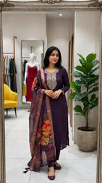 Purple Embroidered Roman Silk Suit Set with Dupatta