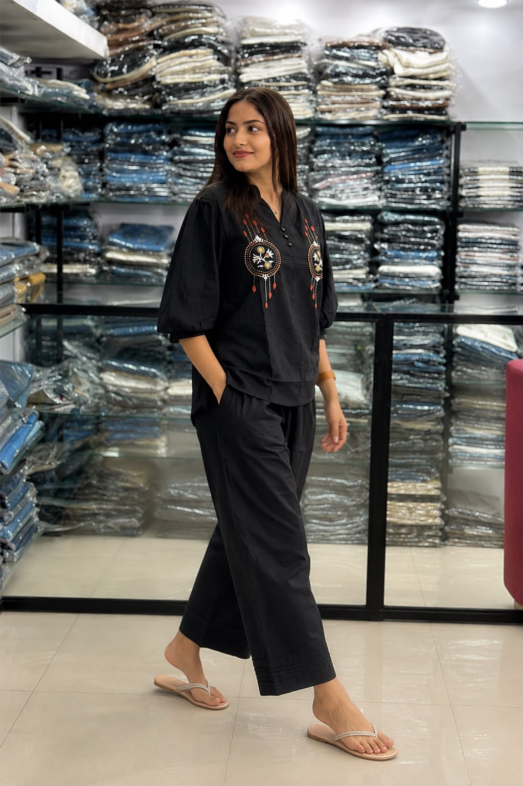 Black Embroidered Cotton Co-Ord Set