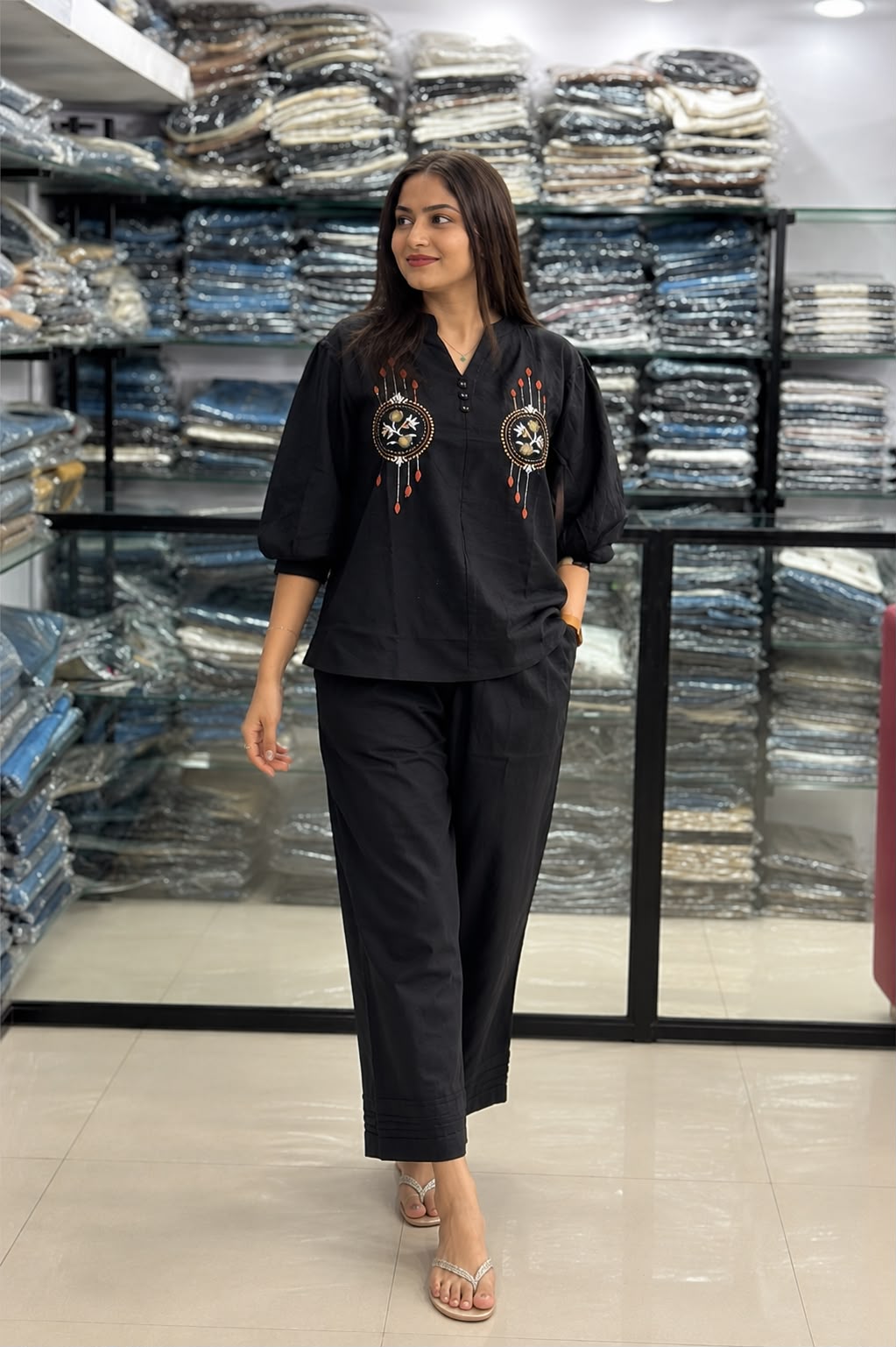 Black Embroidered Cotton Co-Ord Set