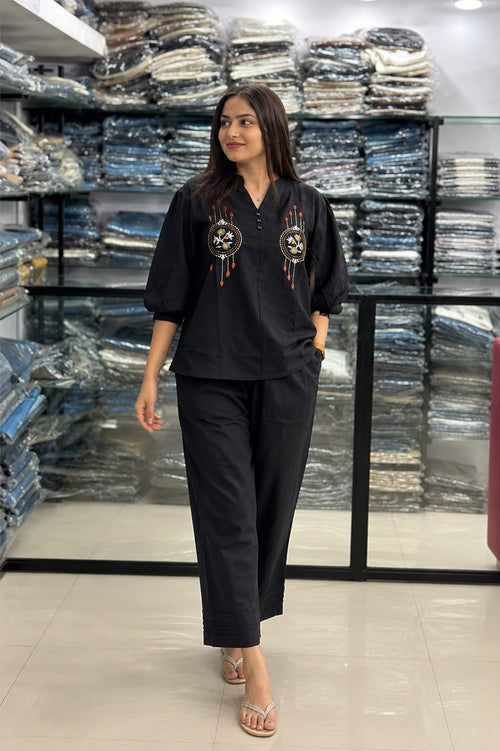 Black Embroidered Cotton Co-Ord Set