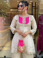 Off White Embroidered Chinon Kurta and Palazzo Set