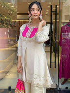 Off White Embroidered Chinon Kurta and Palazzo Set