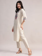 Off White Embriodered Cotton Flex Kurta and Pant Set