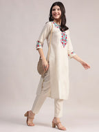 Off White Embriodered Cotton Flex Kurta and Pant Set